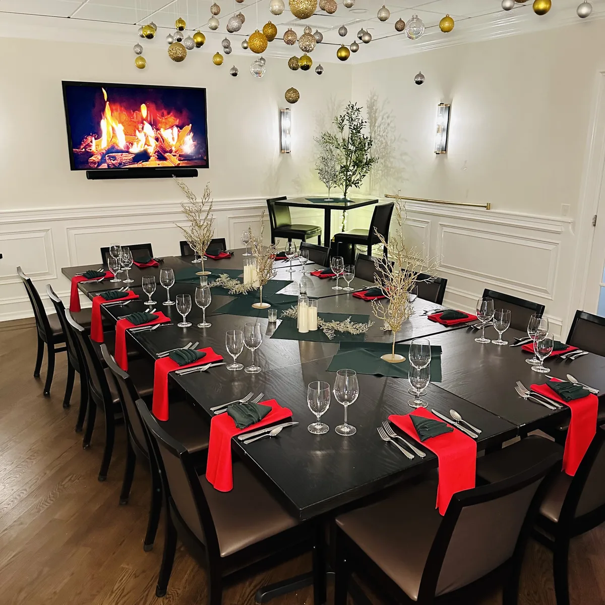 Holiday party table setting in the private dining room